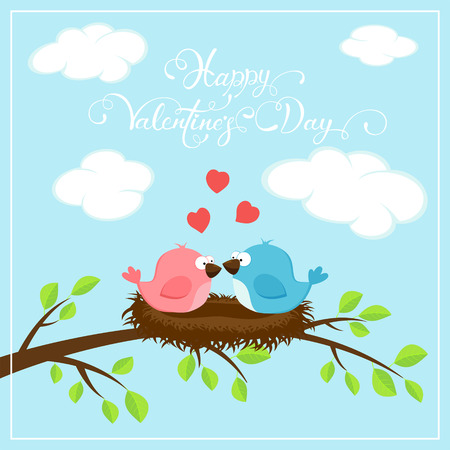 Valentines background with red hearts and two loving birds on the nest. Holiday lettering Happy Valentines Day on blue sky background, illustration.のイラスト素材