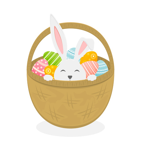 Rabbit in basket isolated on white background with colorful Easter eggs, illustration.のイラスト素材