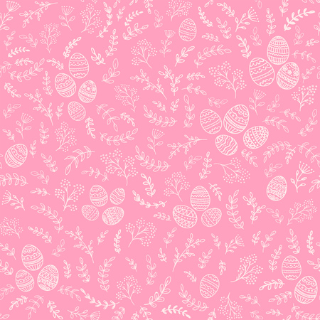 Seamless Easter decorations with Floral elements with decorative eggs on pink background, illustration.のイラスト素材