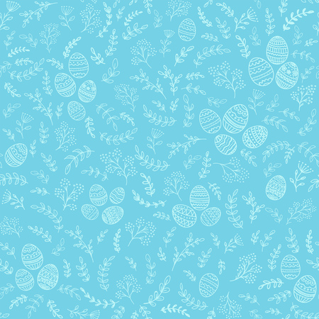 Seamless Easter decorations with Floral elements with decorative eggs on blue background, illustration.のイラスト素材