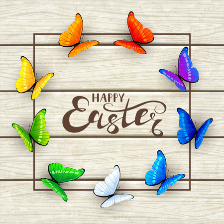 Set of multicolored butterflies arranged in a circle isolated on white wooden background with lettering Happy Easter, illustration.のイラスト素材