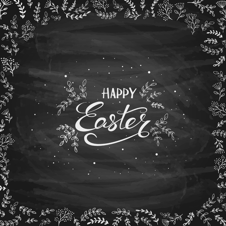 Lettering Happy Easter on black chalkboard background with ornate elements, illustration.のイラスト素材