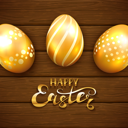 Golden Easter eggs on brown wooden background. Lettering Happy Easter, illustration.のイラスト素材