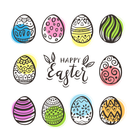 Black lettering Happy Easter with rabbit ears. Set of eggs with pattern and colored circles, isolated on white background, illustration.のイラスト素材