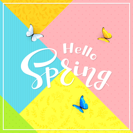 Abstract colorful background with text Hello Spring and butterflies, illustration.のイラスト素材