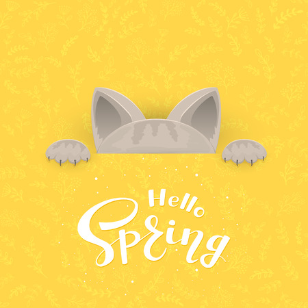 Cat behind the banner and text Hello Spring on yellow background with floral pattern, illustration.のイラスト素材