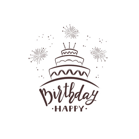 Black text Happy Birthday with cake and fireworks isolated on white background, illustration.のイラスト素材