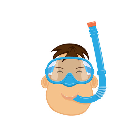 Head of man in blue diving mask with snorkel isolated on white background, illustration.のイラスト素材