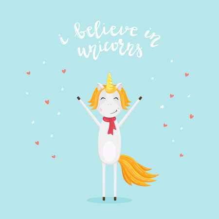 Happy Unicorn on blue background with stars, hearts and lettering I Believe in Unicorns, illustration.のイラスト素材