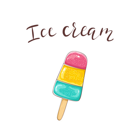 Colorful Ice cream isolated on white background with lettering, illustration.のイラスト素材