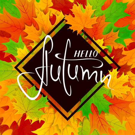 Colorful background. Maple leaves and lettering Hello Autumn on black banner, illustration.のイラスト素材
