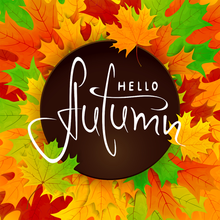 Colorful background. Maple leaves and lettering Hello Autumn on black round banner, illustration.のイラスト素材