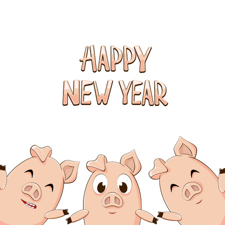 Text Happy New Year and three little pink pigs isolated on white background, illustration.のイラスト素材