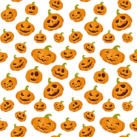 White seamless background with Halloween smiling pumpkins, illustration.のイラスト素材