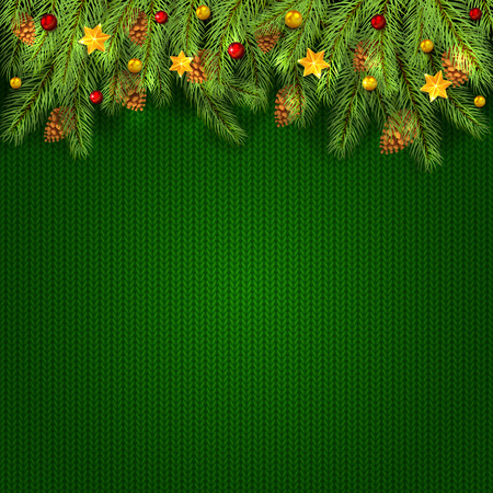 Decorations with Christmas stars, balls and fir tree branches on green knitted pattern, holiday background, illustration.のイラスト素材