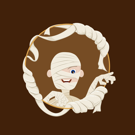 Egyptian mummy for Halloween with ribbon on round banner, illustration.のイラスト素材