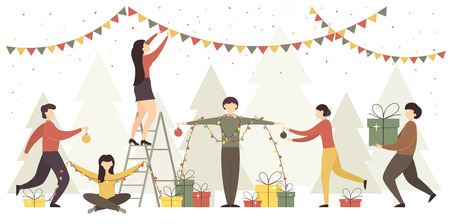 Holiday card. Men and women with Christmas trees, colorful lights, gifts and decorations on a white background, illustrations.のイラスト素材