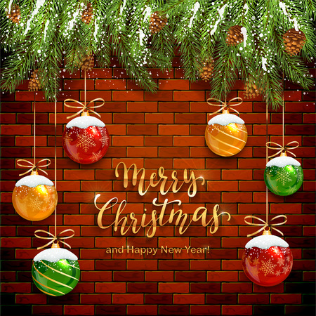 Fir tree branches on brick wall background and Christmas balls with snow. Golden lettering Merry Christmas and Happy New Year, illustration.のイラスト素材