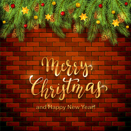 Holiday decorations with Christmas stars, balls and fir tree branches on brick wall background. Golden lettering Merry Christmas and Happy New Year, illustration.のイラスト素材