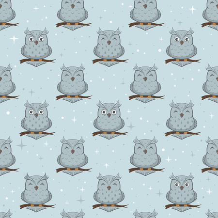 Seamless background with gray owls on blue background, illustration.のイラスト素材