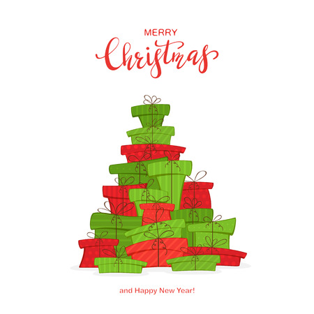 Holiday card. Set of gifts in the form of a Christmas tree isolated on white background with lettering Merry Christmas and Happy New Year, illustration.のイラスト素材