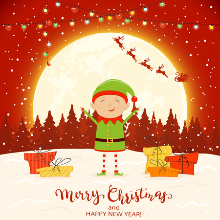 Happy elf with colorful Christmas lights and gifts on snow. Santa with reindeer and text Merry Christmas and Happy New Year on red winter background, illustration.のイラスト素材