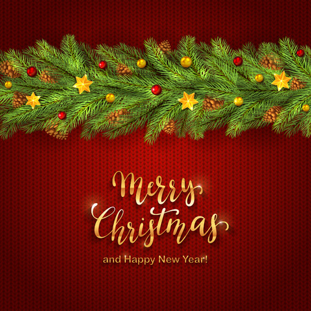 Holiday decorations with Christmas balls, stars and fir tree branches on red knitting background. Golden lettering Merry Christmas and Happy New Year, illustration.のイラスト素材