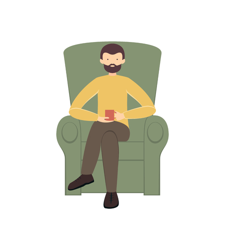 Man with coffee cup in armchair isolated on white background, illustration.のイラスト素材