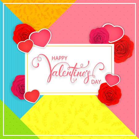 Lettering Happy Valentines Day with hearts and roses on colorful background, illustration.のイラスト素材