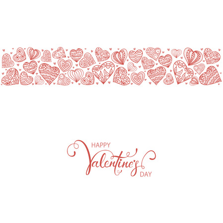 Red decorative hearts and lettering Happy Valentines Day isolated on white background, illustration.のイラスト素材