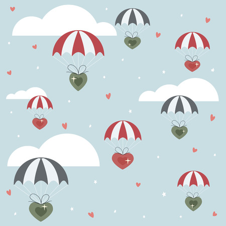 Holiday background. Valentines hearts flying on parachutes in the sky, illustration.のイラスト素材