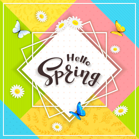 Abstract colorful background with text Hello Spring, butterflies and flowers, illustration.のイラスト素材