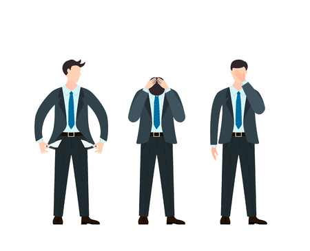 Set of sad men in business suit and tie isolated on white background. Businessman in cartoon flat style in various poses, illustration.のイラスト素材