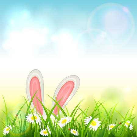 Easter theme with bunny ears. Blue nature background with white rabbit in grass with flowers, illustration.のイラスト素材