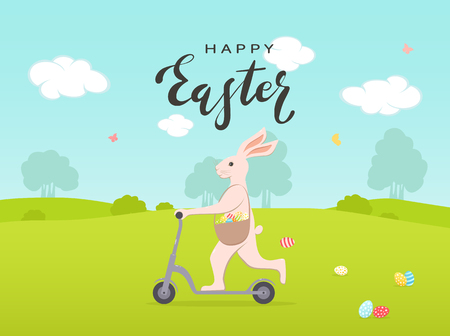 Illustration pour Holiday theme with painted Easter eggs and cute bunny on a scooter. Lettering Happy Easter on sky background, illustration. - image libre de droit