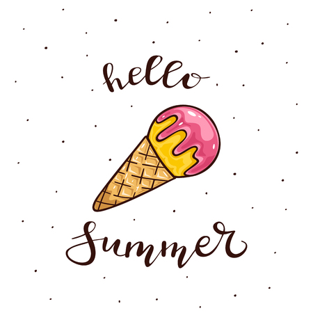 Pink and yellow ice cream in a waffle cone isolated on white background and lettering Hello Summer, illustration.のイラスト素材