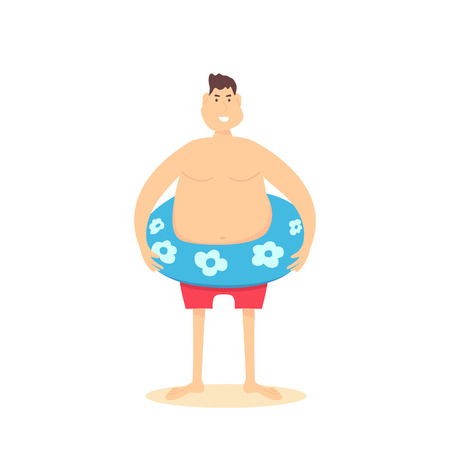 Man in red swimming trunks with blue lifebuoy isolated on white background, illustration.のイラスト素材