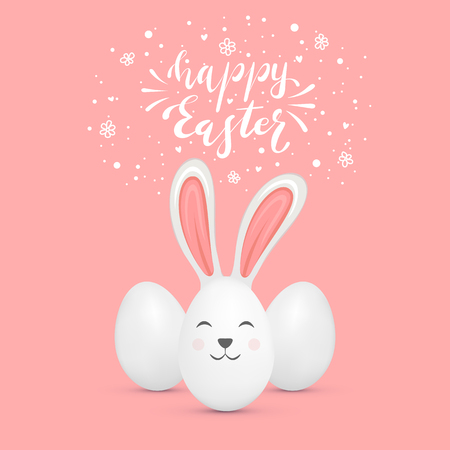 Easter egg in the form of a rabbit with lettering Happy Easter on pink background, illustration.のイラスト素材