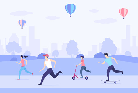People ride on a skateboard, scooter, walk and play sports in the Park. Men and women healthy lifestyle. Cartoon illustration in purple tones of World Health Day, illustration.のイラスト素材