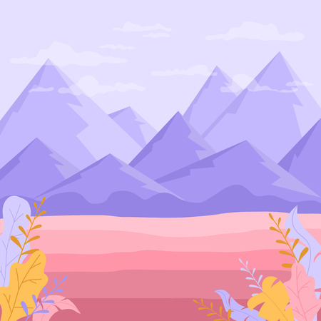 Abstract nature background with mountains and plants. Purple rocks and pink valley, illustration.のイラスト素材
