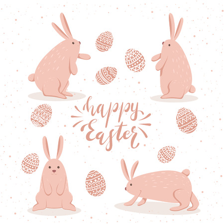 Set of pink Easter rabbits with eggs on white background, illustration.のイラスト素材