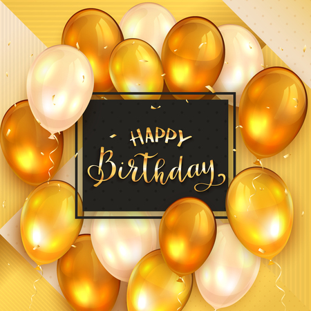 Golden lettering Happy Birthday on black card. Abstract geometric background wit holiday balloons and confetti, illustration.のイラスト素材