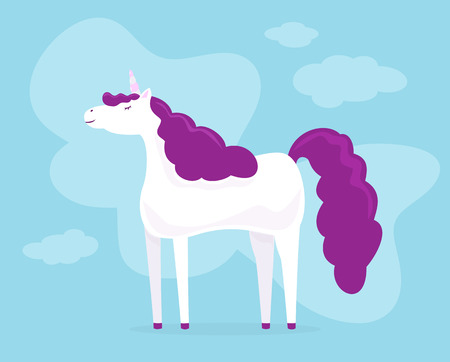 Happy unicorn with purple hair on blue background, illustration.のイラスト素材