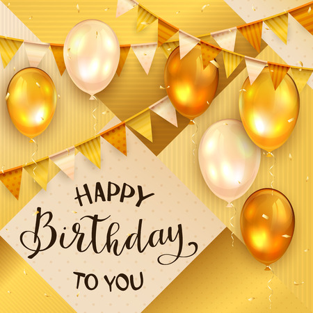 Gold abstract background. Black lettering Happy Birthday with holiday balloons, pennants and confetti, illustration.のイラスト素材