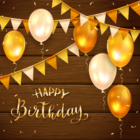 Wooden background with golden lettering Happy Birthday, holiday balloons, pennants and confetti, illustration.のイラスト素材
