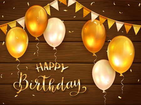 Wooden background with golden lettering Happy Birthday. Holiday balloons, pennants and gold confetti, illustration.のイラスト素材