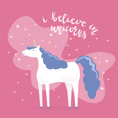 Happy unicorn with purple hair. Lettering I believe in unicorns with stars and hearts on pink background, illustration.のイラスト素材