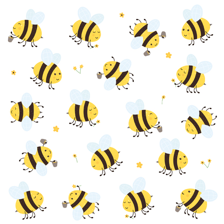 Cartoon happy bees with honey and flowers isolated on white background, illustration.のイラスト素材