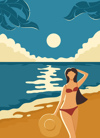 Beautiful girl with hat in her hand on the beach. Nature background with sea or ocean, sandy beach, palm leaves and full moon on night sky, illustration.のイラスト素材