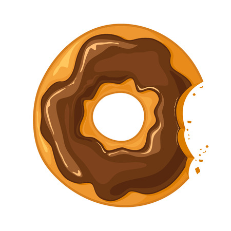 Bitten donut with chocolate glaze and crumbs isolated on white background. Delicious breakfast, illustration.のイラスト素材
